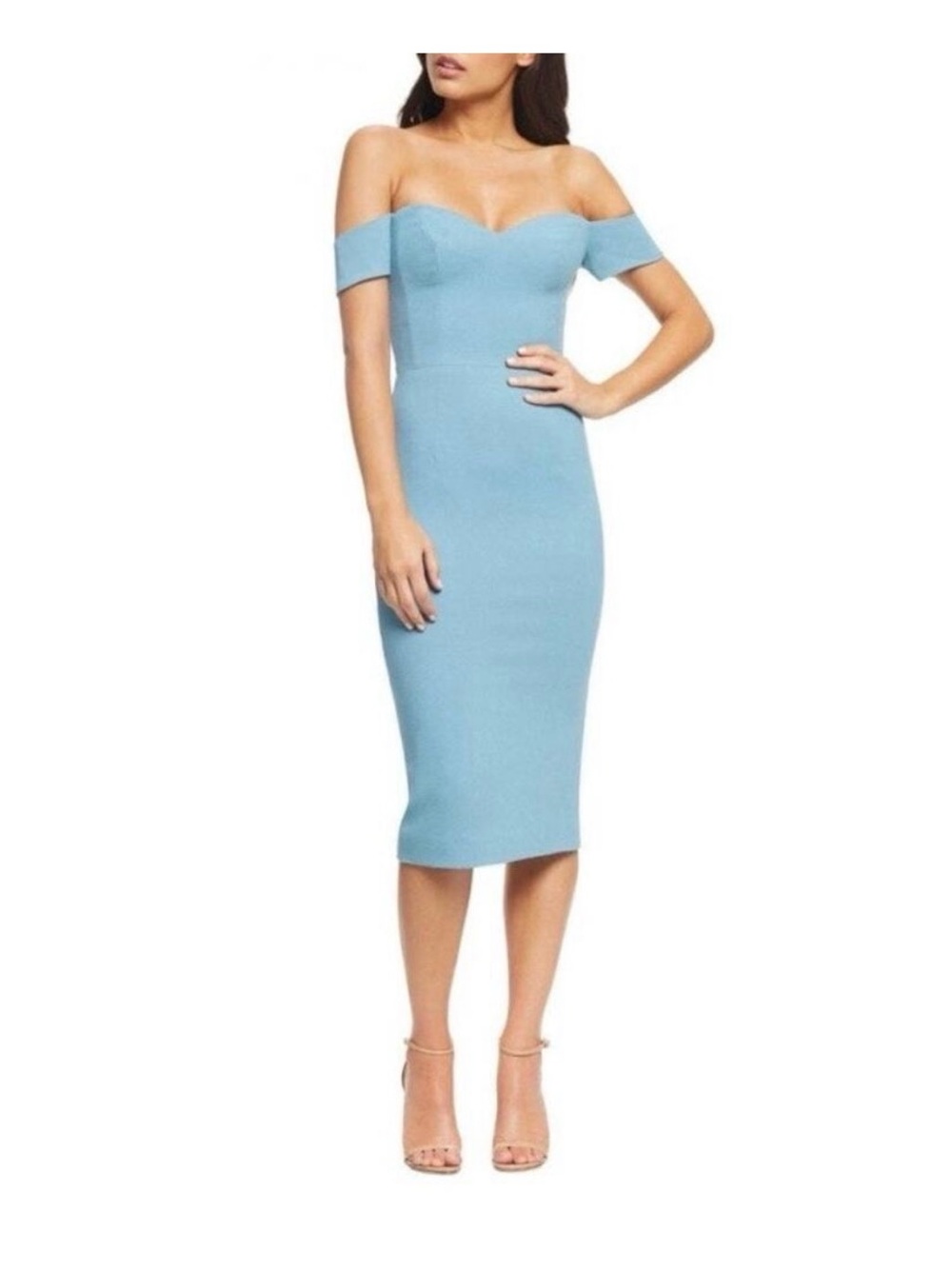 Dress the Population Off-the-Shoulder Bodycon Midi Dress in Light Blue